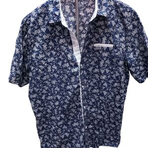 Blue and White Floral Casual Button Down Shirt